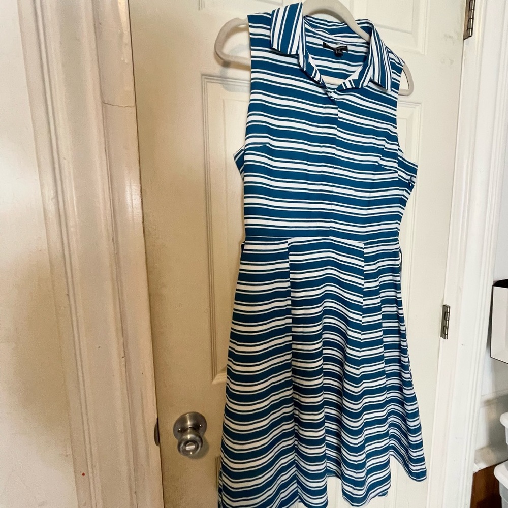 JCrew striped blue dress 8 flare shirt euc womens